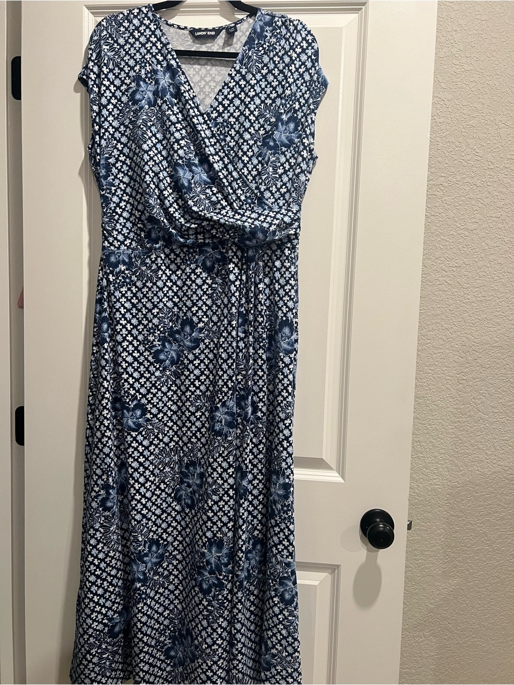 Lands' End Blue and White Floral Wrap Maxi Dress